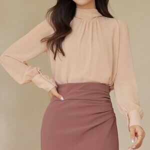 Ode Double Chiffon Feminine Tie Blouse in Blush Pink
